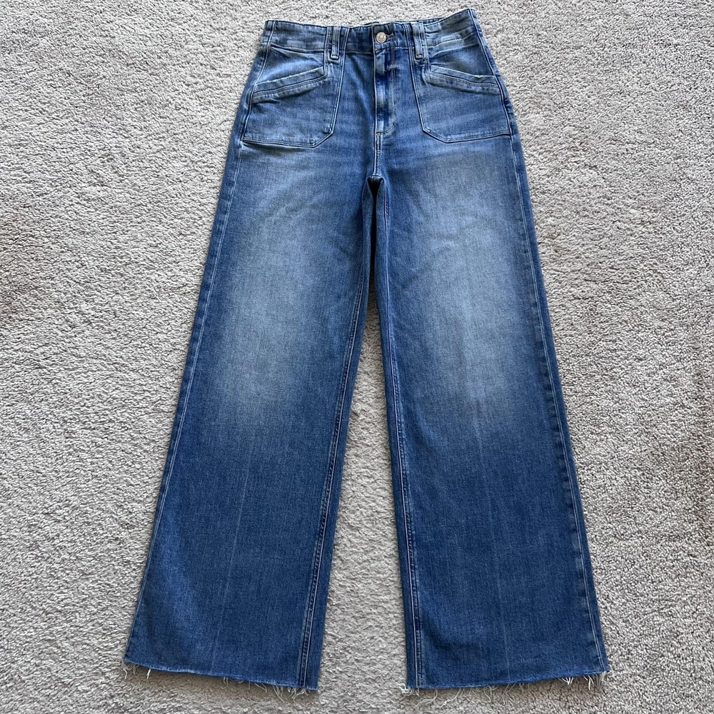 Paige Anessa 31" Viva High Rise Wide Leg Jeans Womens 28 Blue Raw Hem
